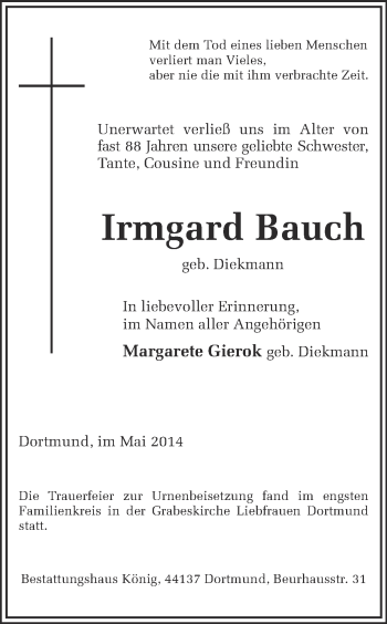 Traueranzeige von Irmgard Bauch von Ruhr Nachrichten