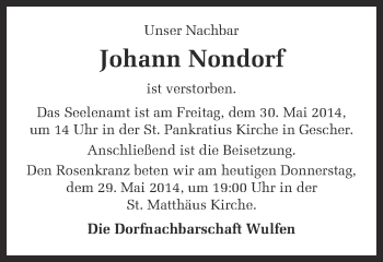 Traueranzeige von Johann Nondorf von Ruhr Nachrichten und Dorstener Zeitung