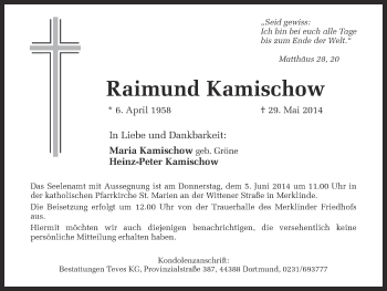 Traueranzeige von Raimund Kamischow von Ruhr Nachrichten