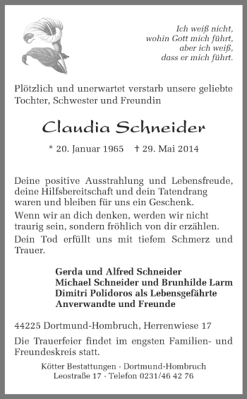 Traueranzeige von Claudia Schneider von Ruhr Nachrichten