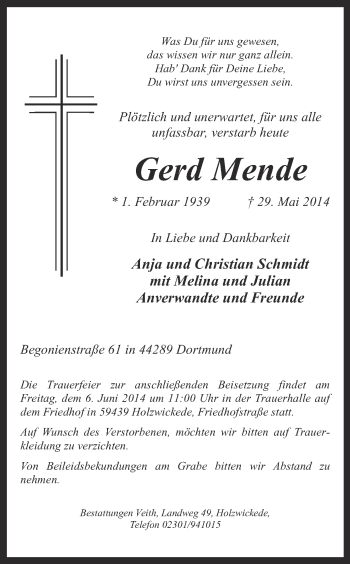 Traueranzeige von Gerd Mende von Ruhr Nachrichten