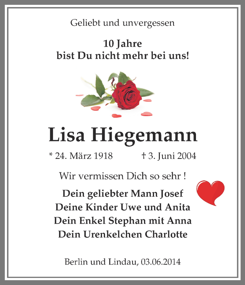 Traueranzeige für Lisa Hiegemann vom 04.06.2014 aus Ruhr Nachrichten