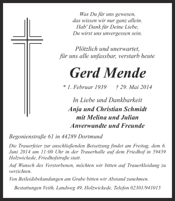 Traueranzeige von Gerd Mende von Ruhr Nachrichten