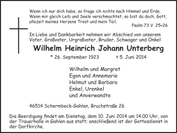 Traueranzeige von Wilhelm Heinrich Johann Unterberg von Ruhr Nachrichten und Dorstener Zeitung