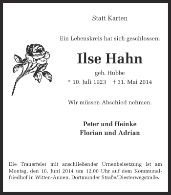 Traueranzeige von Ilse Hahn von Ruhr Nachrichten