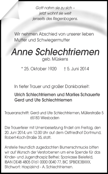 Traueranzeige von Anne Schlechtriemen von Ruhr Nachrichten