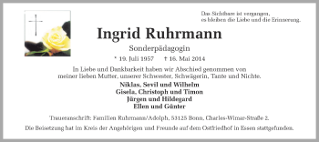 Traueranzeige von Ingrid Ruhrmann von Ruhr Nachrichten
