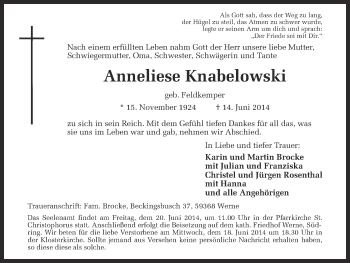 Traueranzeige von Anneliese Knabelowski von Ruhr Nachrichten