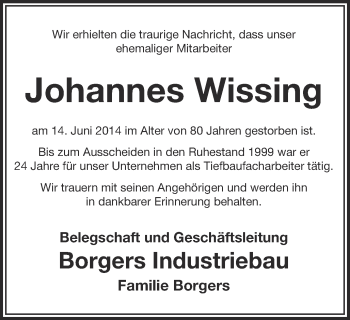 Traueranzeige von Johannes Wissing von Münstersche Zeitung und Münsterland Zeitung