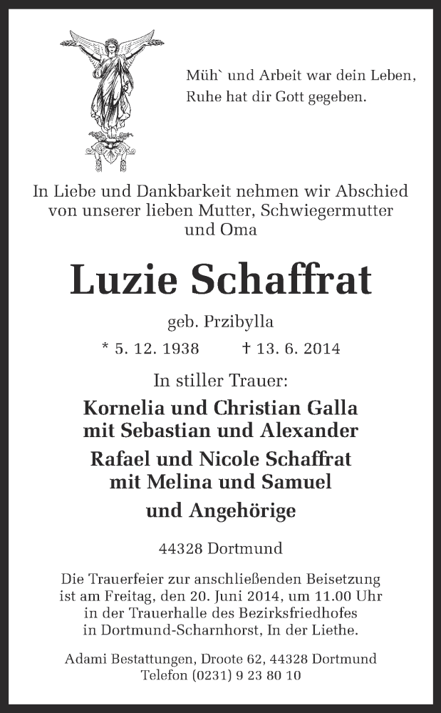  Traueranzeige für Luzie Schaffrat vom 18.06.2014 aus Ruhr Nachrichten