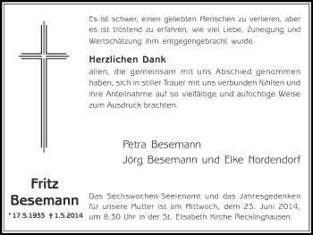 Traueranzeige von Fritz Besemann von Ruhr Nachrichten und Dorstener Zeitung