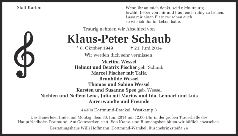  Traueranzeige für Klaus-Peter Schaub vom 24.06.2014 aus Ruhr Nachrichten