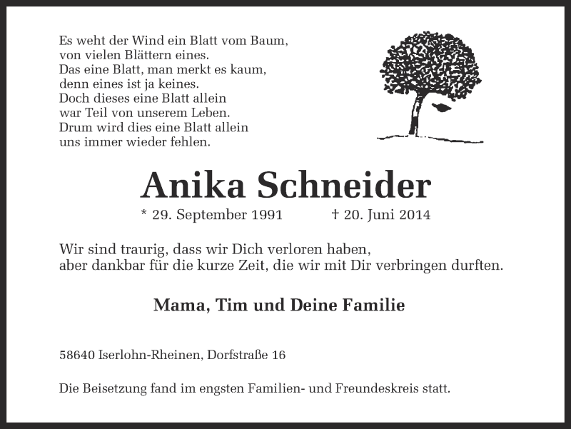  Traueranzeige für Anika Schneider vom 30.06.2014 aus Ruhr Nachrichten