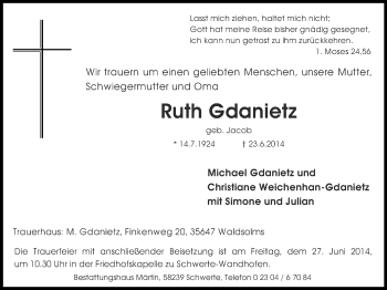 Traueranzeige von Ruth Gdanietz von Ruhr Nachrichten
