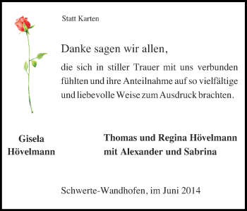Traueranzeige von Gisela Hövelmann von Ruhr Nachrichten