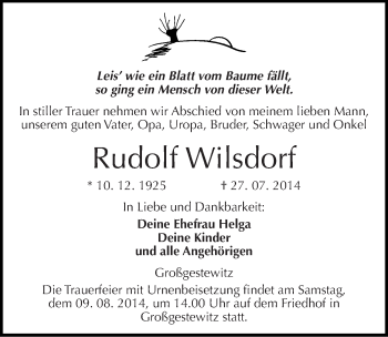 Traueranzeige von Rudolf Wilsdorf 