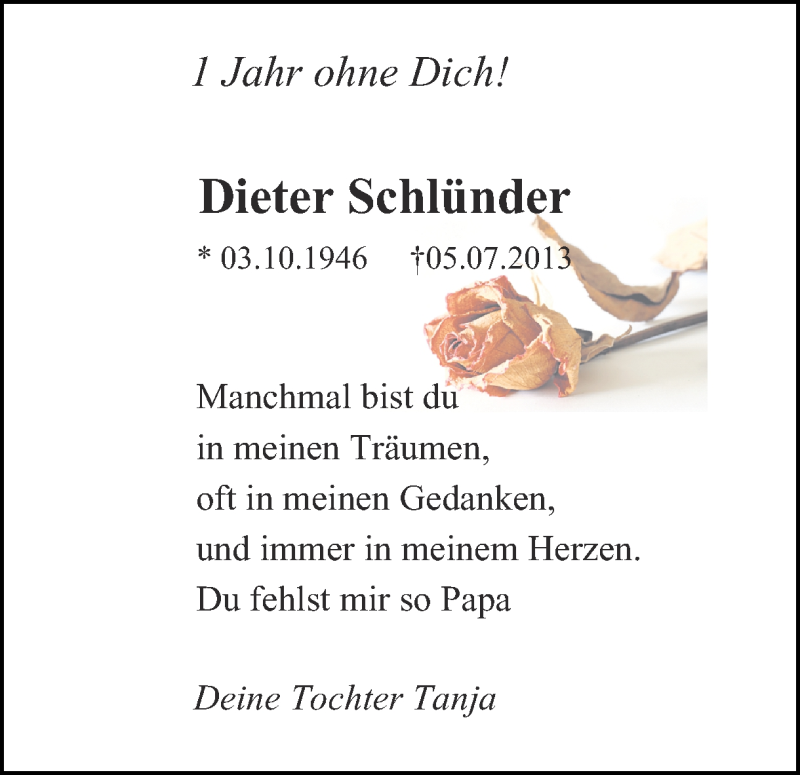  Traueranzeige für Dieter Schlünder vom 05.07.2014 aus Ruhr Nachrichten