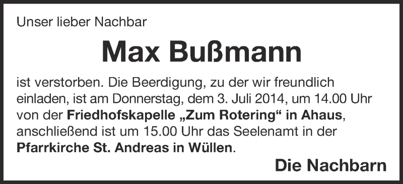  Traueranzeige für Max Bußmann vom 02.07.2014 aus Münstersche Zeitung und Münsterland Zeitung