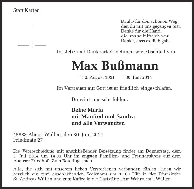  Traueranzeige für Max Bußmann vom 02.07.2014 aus Münstersche Zeitung und Münsterland Zeitung