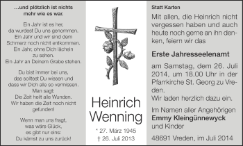 Traueranzeige von Heinrich Wenning von Münstersche Zeitung und Münsterland Zeitung