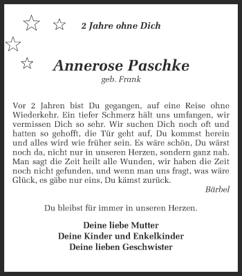 Traueranzeige von Annerose Paschke von Ruhr Nachrichten