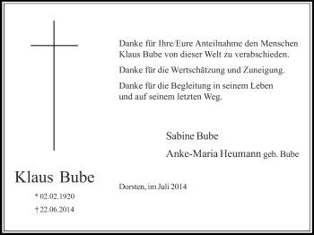 Traueranzeige von Klaus Bube von Ruhr Nachrichten und Dorstener Zeitung