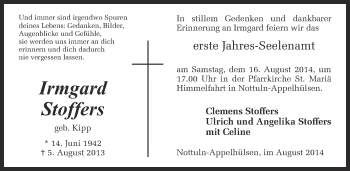 Traueranzeige von Irmgard Stoffers von Münstersche Zeitung und Grevener Zeitung