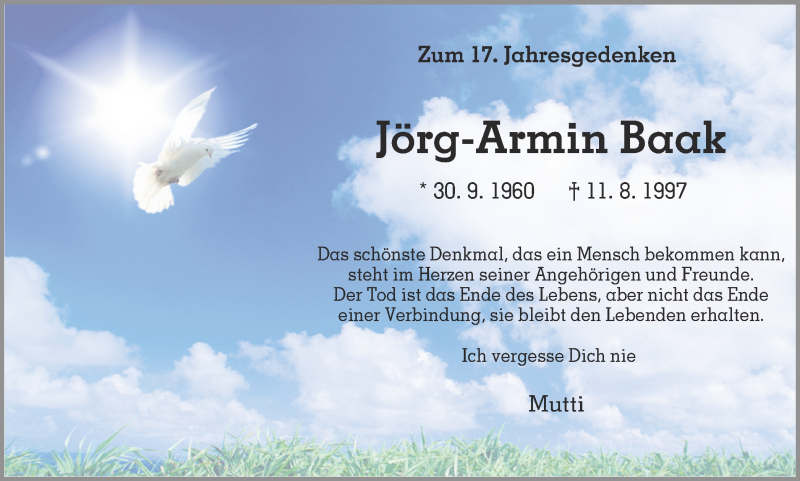  Traueranzeige für Jörg-Armin Baak vom 11.08.2014 aus Ruhr Nachrichten
