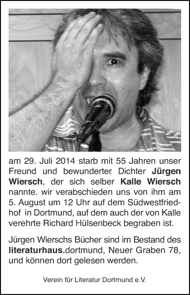  Traueranzeige für Jürgen (Kalle) Wiersch vom 02.08.2014 aus Ruhr Nachrichten