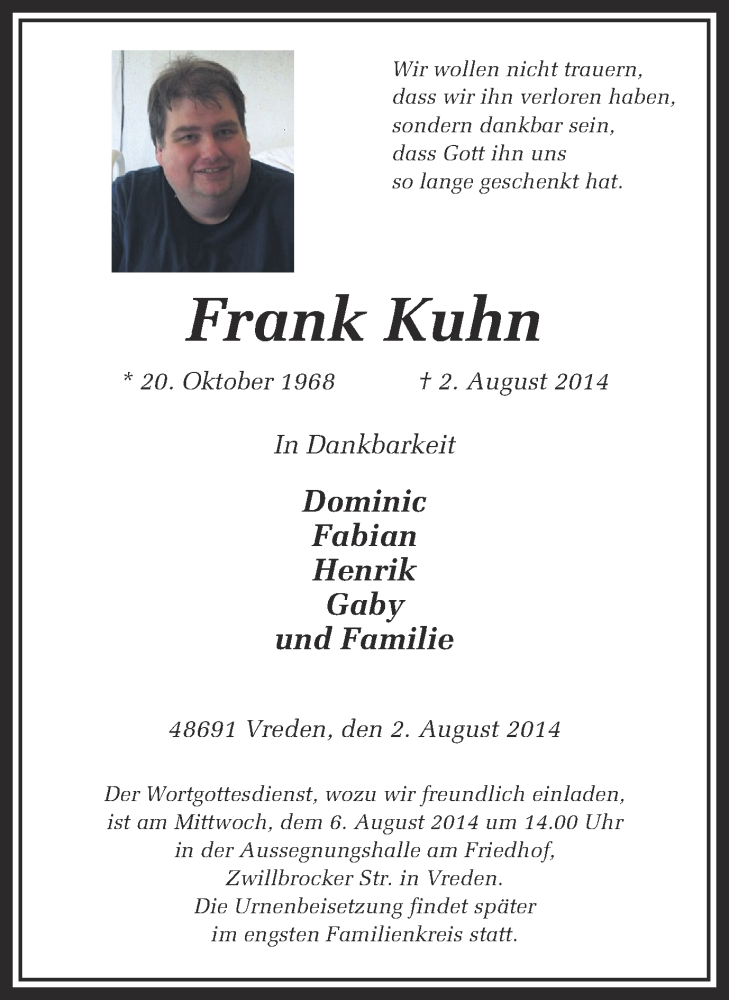  Traueranzeige für Frank Kuhn vom 05.08.2014 aus Münstersche Zeitung und Münsterland Zeitung