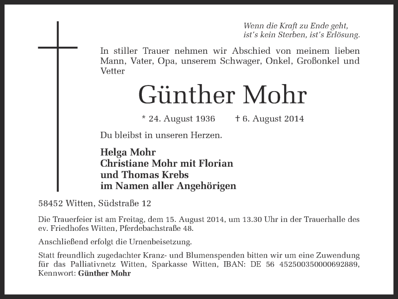  Traueranzeige für Günther Mohr vom 11.08.2014 aus Ruhr Nachrichten