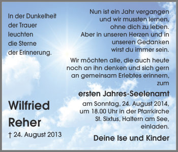 Traueranzeige von Wilfried Rehr von Ruhr Nachrichten und Halterner Zeitung