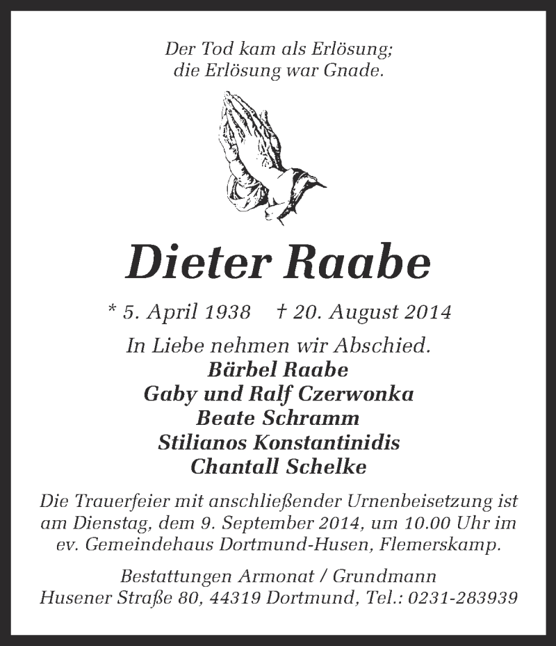 Traueranzeigen von Dieter Raabe | sich-erinnern.de