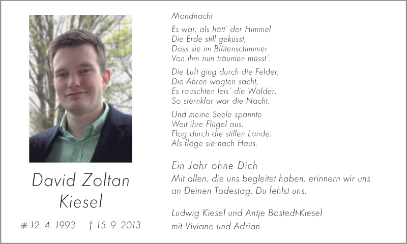  Traueranzeige für David Zoltan Kiesel vom 13.09.2014 aus Münstersche Zeitung und Grevener Zeitung