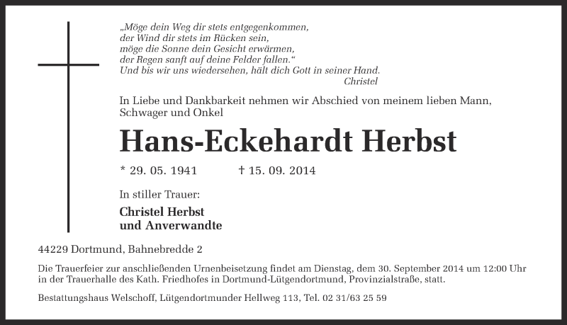  Traueranzeige für Hans-Eckehardt Herbst vom 20.09.2014 aus Ruhr Nachrichten