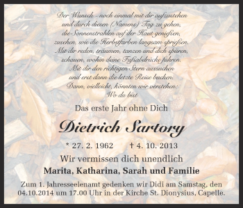Traueranzeige von Dietrich Sartory von Ruhr Nachrichten