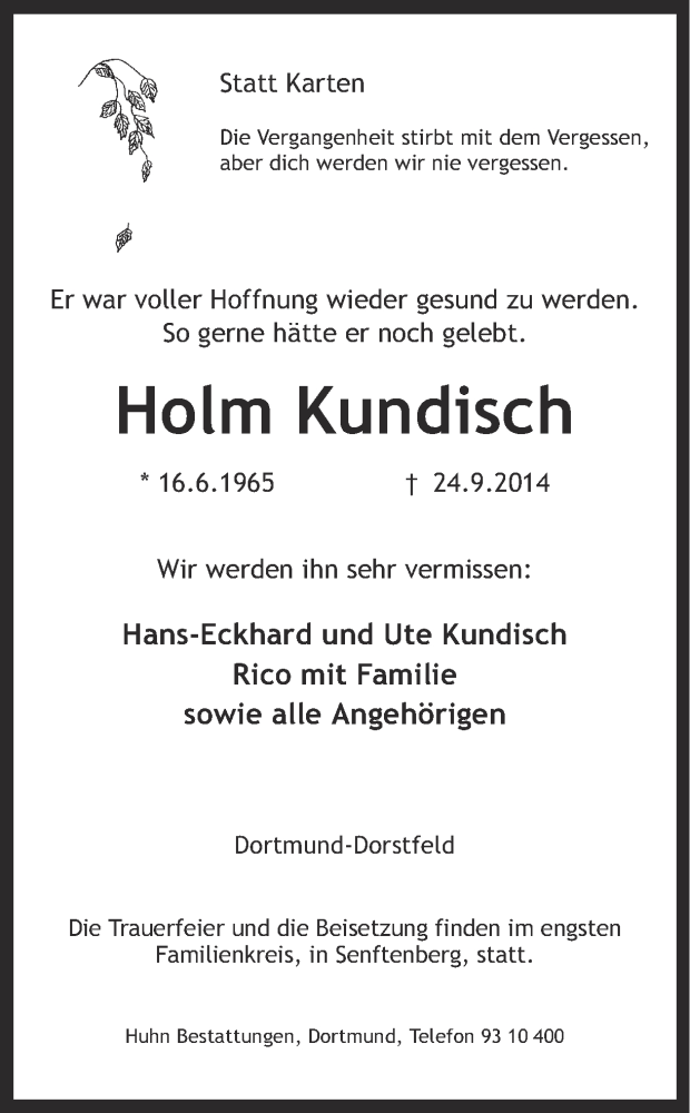  Traueranzeige für Holm Kundisch vom 27.09.2014 aus Ruhr Nachrichten