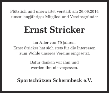 Traueranzeige von Ernst Stricker von Ruhr Nachrichten und Dorstener Zeitung