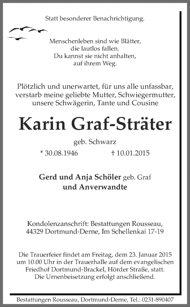  Traueranzeige für Karin Graf-Sträter vom 20.01.2015 aus Ruhr Nachrichten