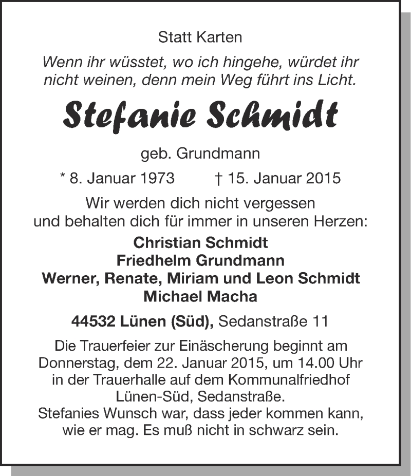  Traueranzeige für Stefanie Schmidt vom 17.01.2015 aus Ruhr Nachrichten