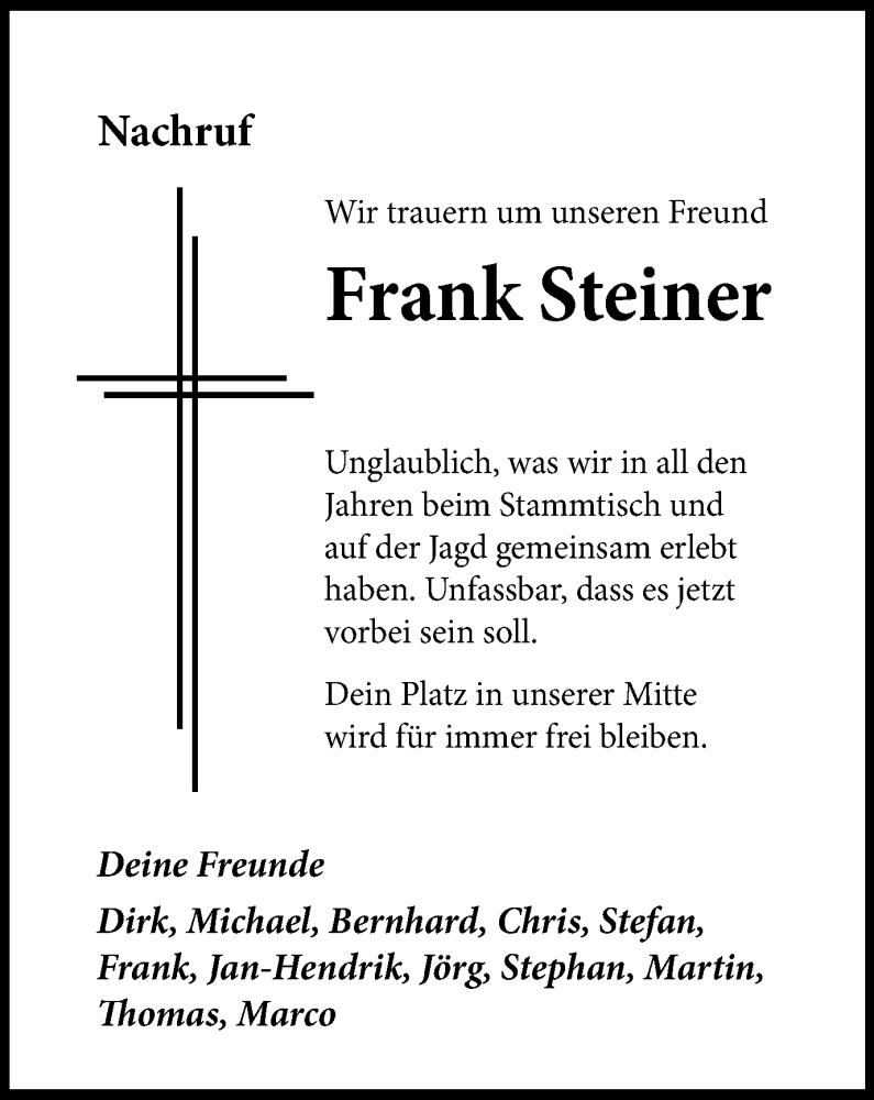  Traueranzeige für Frank Steiner vom 23.01.2015 aus Münstersche Zeitung und Münsterland Zeitung