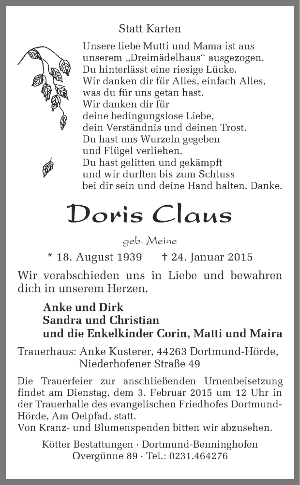  Traueranzeige für Doris Claus vom 31.01.2015 aus Ruhr Nachrichten