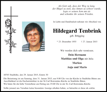 Traueranzeige von Hildegard Tenbrink von Münstersche Zeitung und Münsterland Zeitung