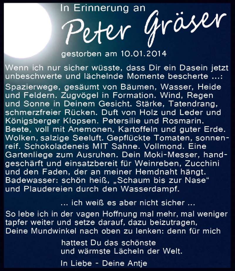  Traueranzeige für Peter (Klaus Peter) Gräser vom 10.01.2015 aus Ruhr Nachrichten