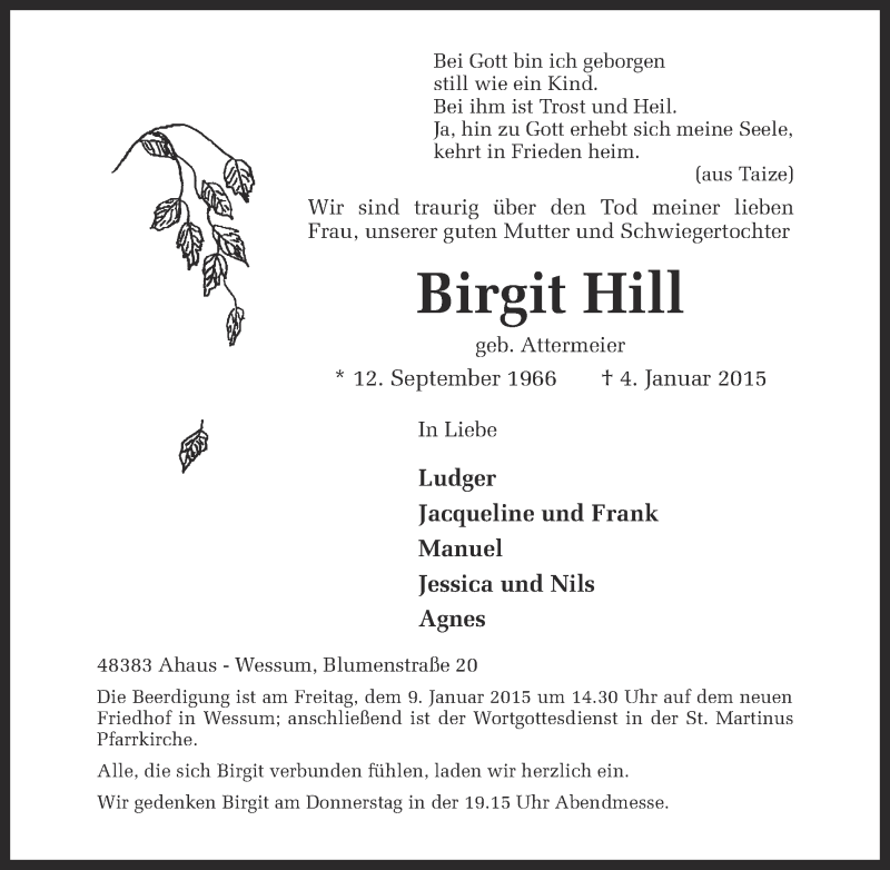  Traueranzeige für Birgit Hill vom 06.01.2015 aus Münstersche Zeitung und Münsterland Zeitung