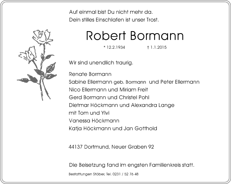  Traueranzeige für Robert Bormann vom 14.01.2015 aus Ruhr Nachrichten