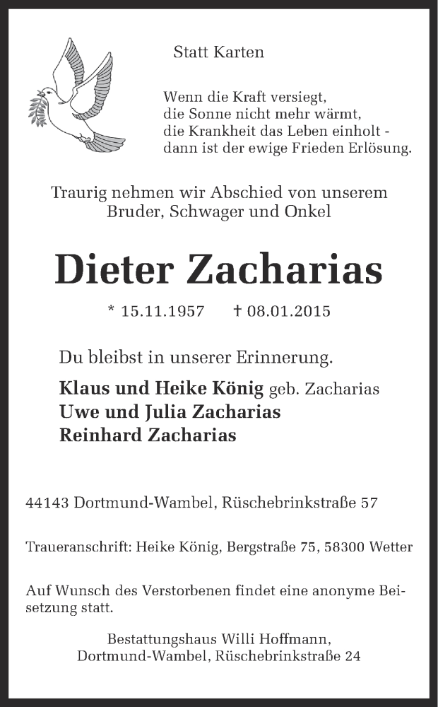  Traueranzeige für Dieter Zacharias vom 10.01.2015 aus Ruhr Nachrichten