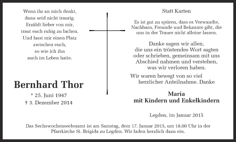  Traueranzeige für Bernhard Thor vom 13.01.2015 aus Münstersche Zeitung und Münsterland Zeitung