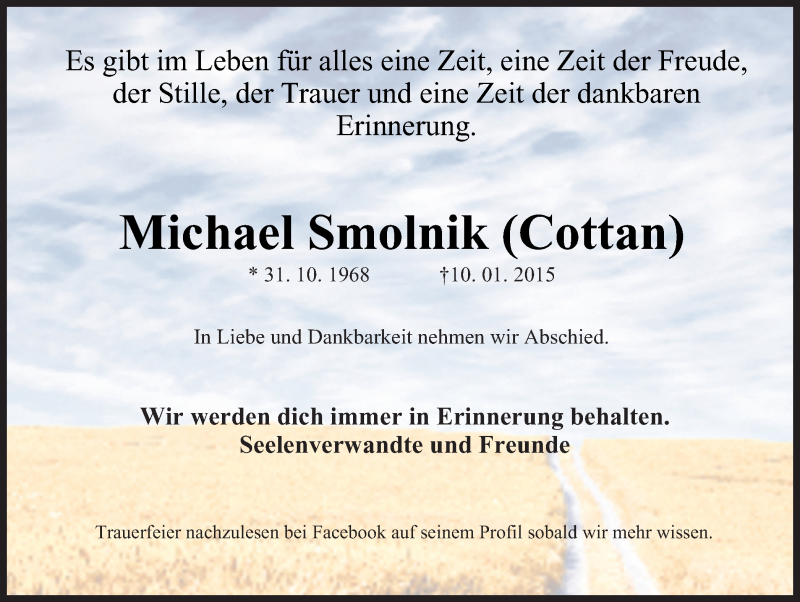  Traueranzeige für Michael Smolnik vom 14.01.2015 aus Ruhr Nachrichten