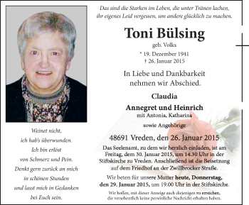 Traueranzeige von Toni Bülsing von Münstersche Zeitung und Münsterland Zeitung